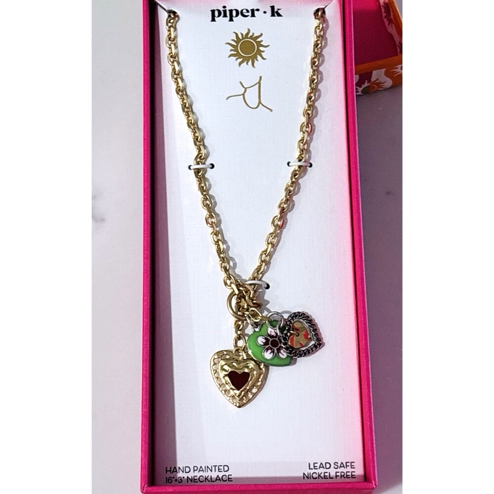 Piper K Charm Necklace Hand Painted Hearts Gold Tone NEW